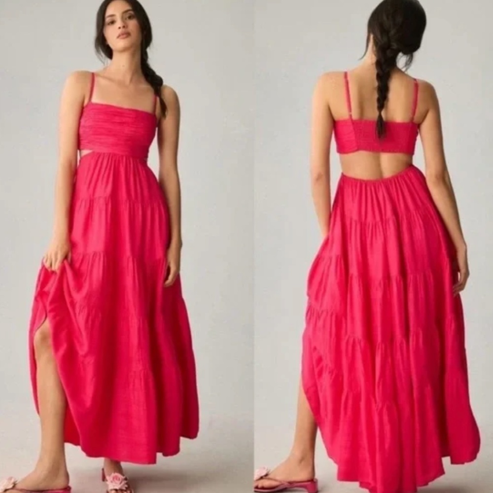 Anthropologie‎ Let Me Be Cutout Tiered Dress Open Back Maxi Hot Pink large
